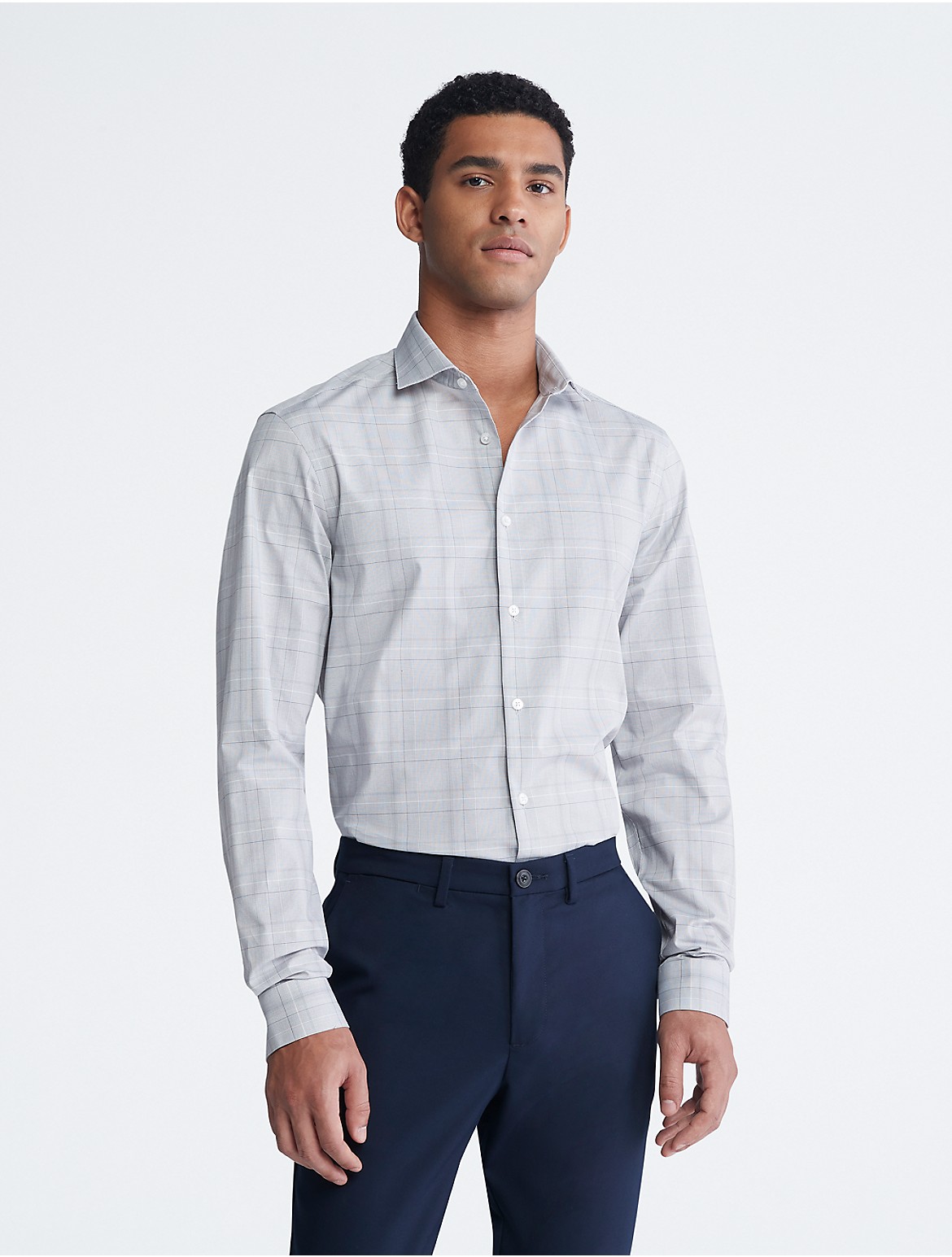 Calvin Klein Men's Steel Slim Fit Grey Plaid Dress Shirt - Grey - 14.5/32-33