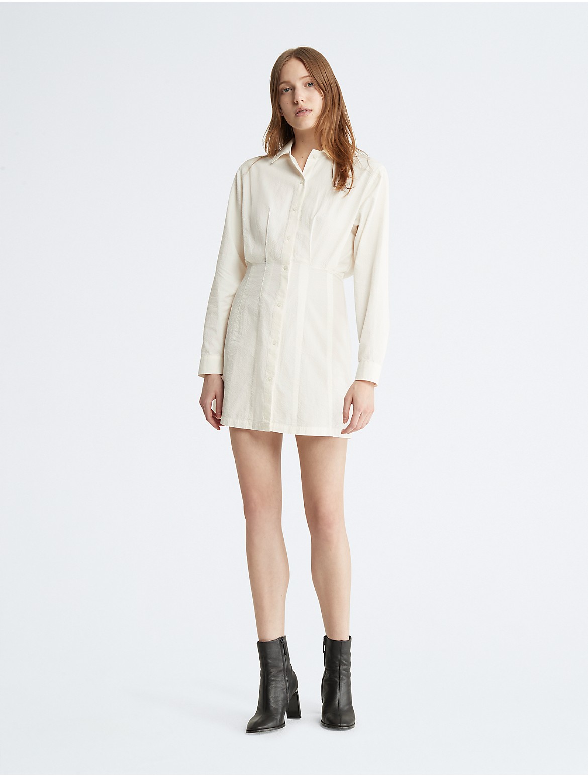 Calvin Klein Women's Button-Down Seersucker Shirt Dress - White - L