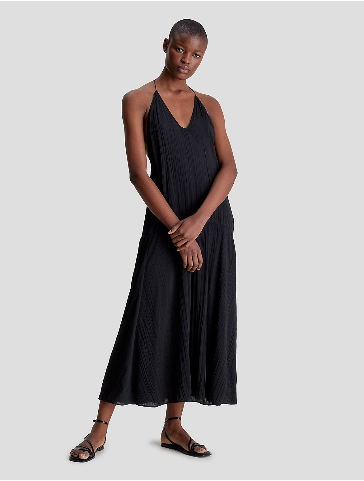 Calvin Klein Women's Pleated Texture Maxi Slip Dress - Black - 34
