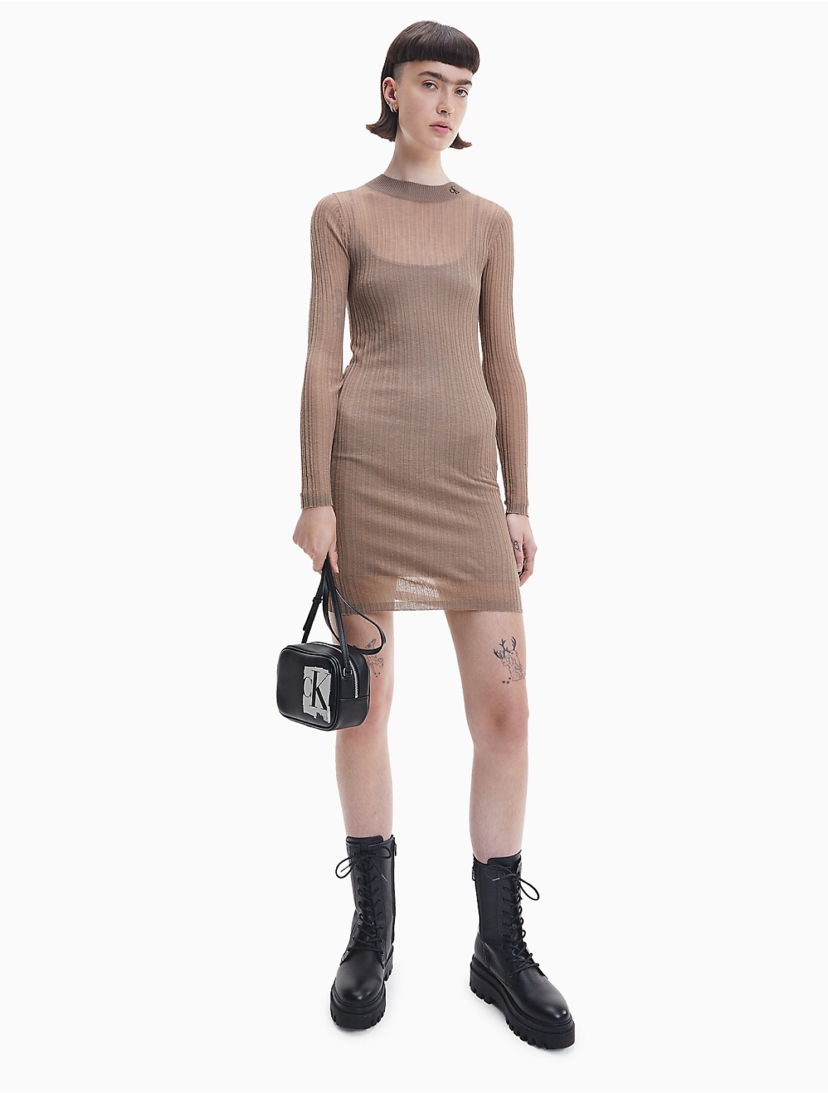 Calvin Klein Women's Sheer Knit Double Layer Mini Dress - Brown - M