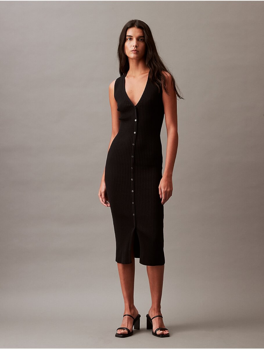 Calvin Klein Women's Smooth Cotton Rib V-Neck Sweater Midi Dress - Black - XS