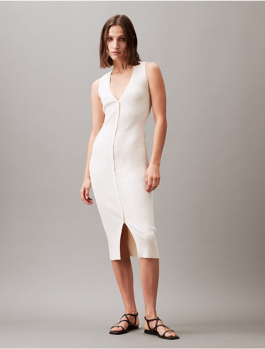 Calvin Klein Women's Smooth Cotton Rib V-Neck Sweater Midi Dress - White - XS