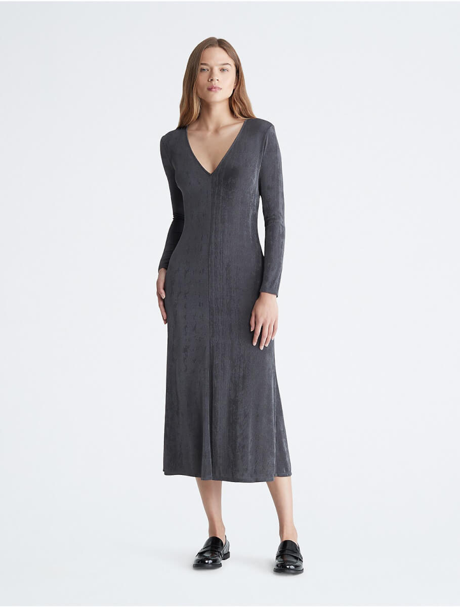 Calvin Klein Women's V-Neck Midi Dress - Grey - L