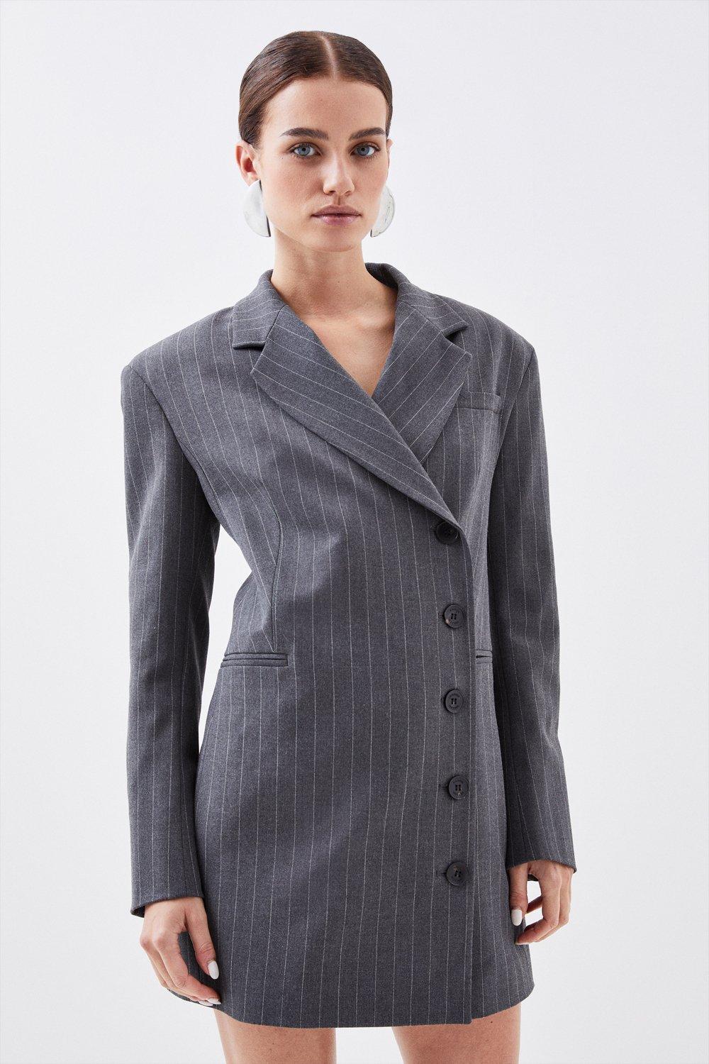 Petite Tailored Pinstripe Single Breasted Blazer Dress - Grey