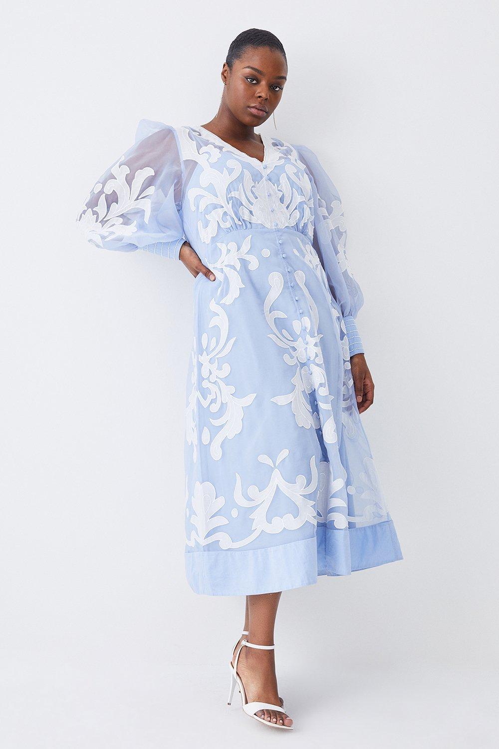 Plus Size Applique Organdie Buttoned Woven Maxi Dress - Baby Blue