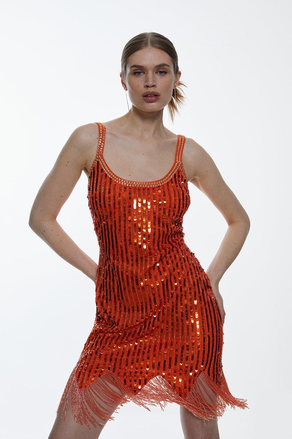 Sequin Embellishment Mini Woven Dress - Orange