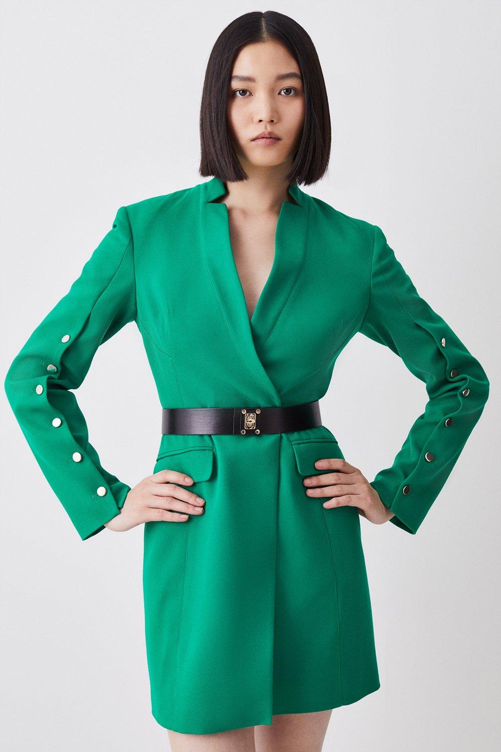 Structured Crepe Belted Blazer Mini Dress - Green