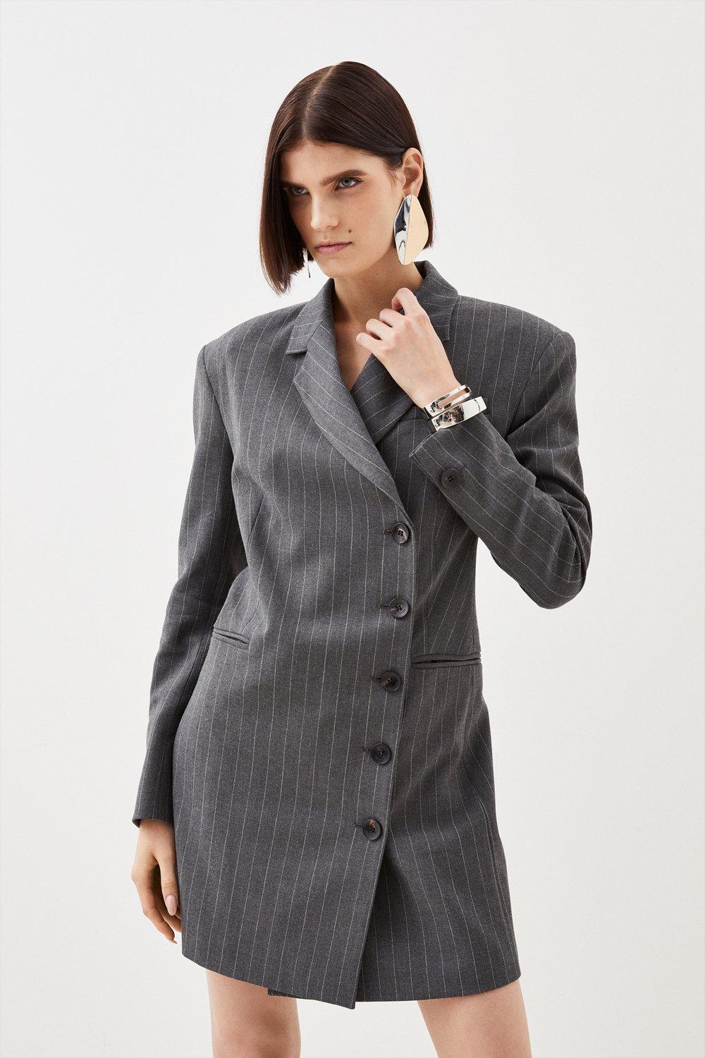 Tailored Compact Stretch Pinstripe Single Breasted Blazer Dress - Grey