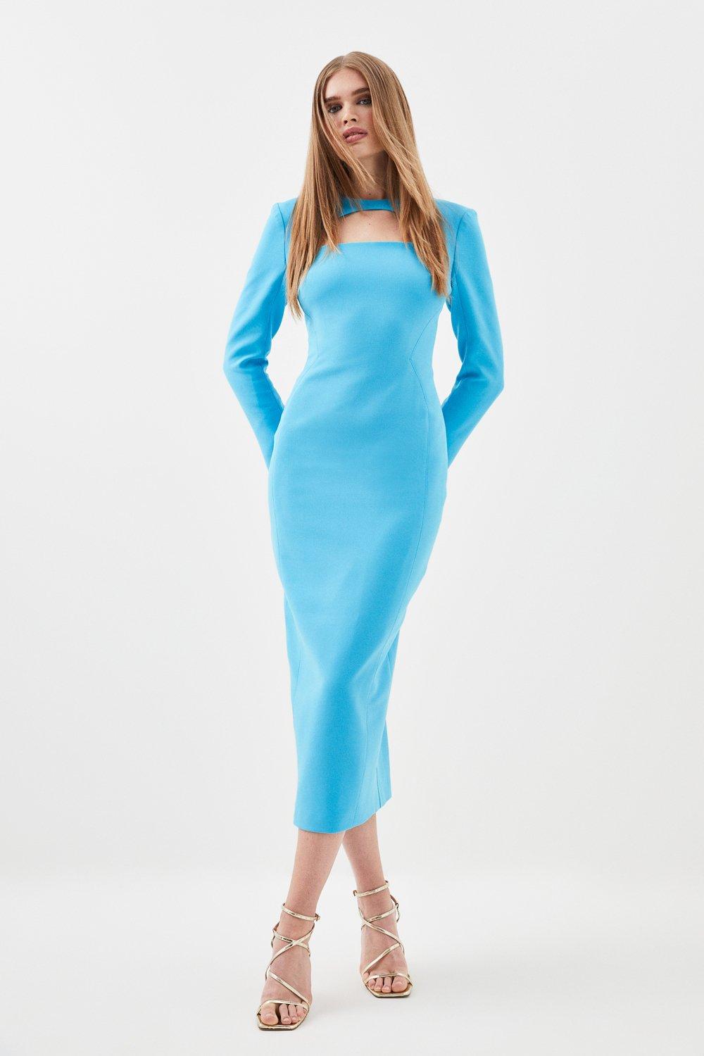 Tall Compact Stretch Cut Out Sleeved Tailored Pencil Dress - Aqua