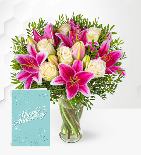Pink Lilies & Roses with Anniversary Card