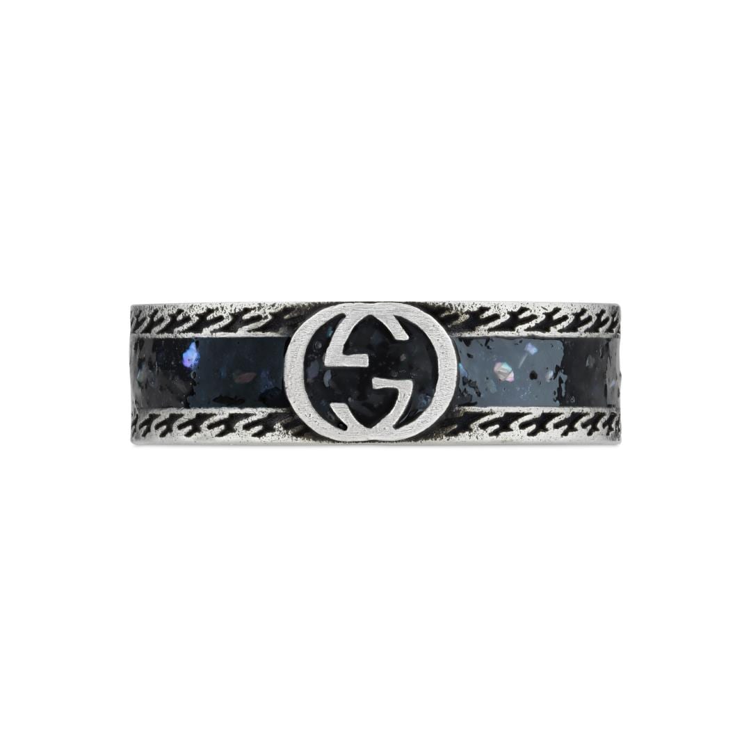 Silver & Black Enamel Interlocking G Ring - Ring Size P