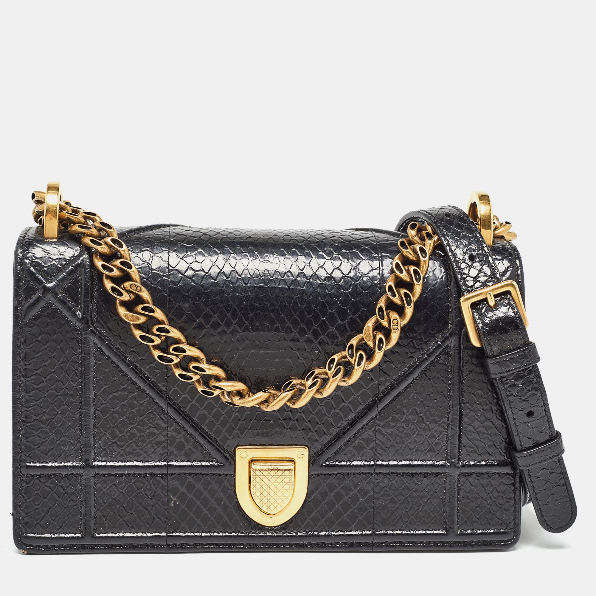 Dior Black Snakeskin Embossed Patent Leather Small Diorama Shoulder Bag