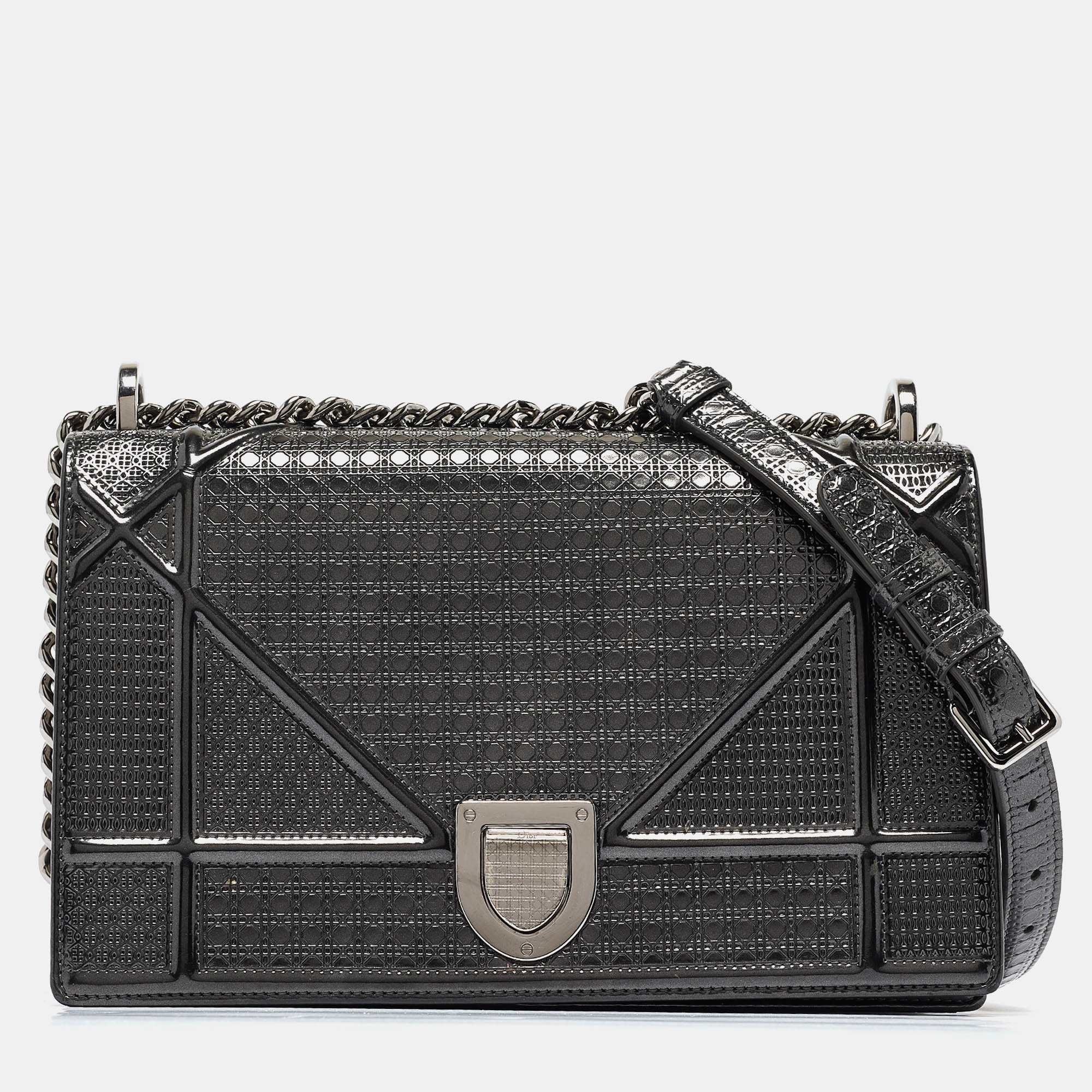 Dior Grey Microcannage Patent Leather Medium Diorama Shoulder Bag