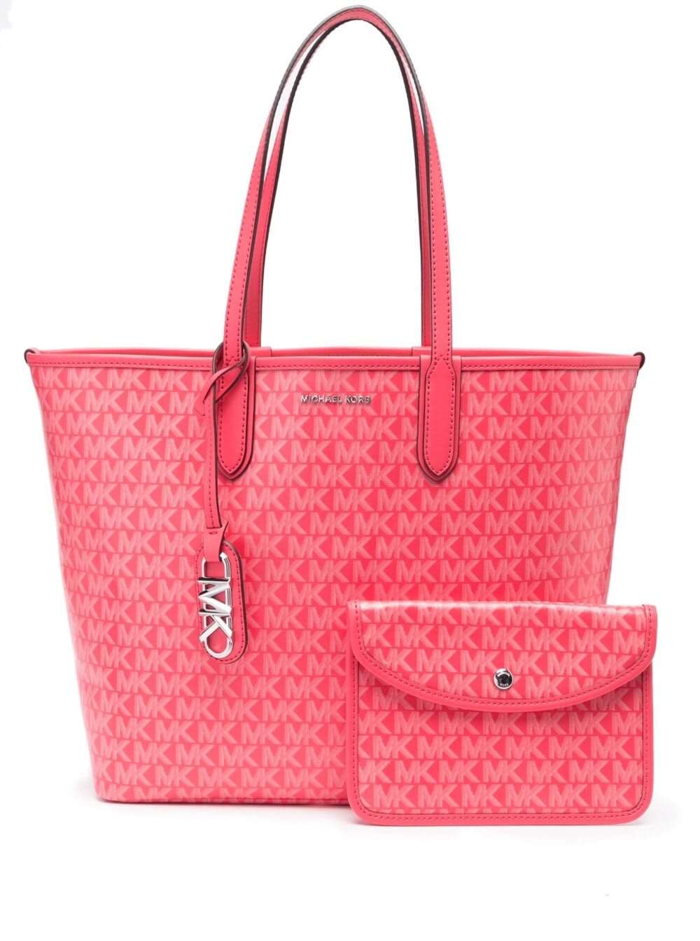 Michael Kors Big Pink Tote Bag With All-over Monogram And Logo Charm In Faux Leather Woman